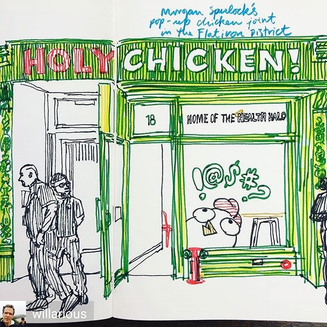 Thanks for sharing @willarious! &lsquo;Holy Chicken!&rsquo; Morgan Spurlock&rsquo;s pop-up chicken joint on 23rd Street goes after big poultry and healthy marketing spins. And promotes his new film &lsquo;Super Size Me 2: Holy Chicken!&rsquo; It&rsquo;s up through September 22, so check it out. The chicken sandwich ($9.75) was actually quite tasty. #supersizeme2 #chicken #fastfood #poultry #restaurants #food #usda #marketing #health #nutrition #popupshop #brands #sketchbook #commentary #drawing